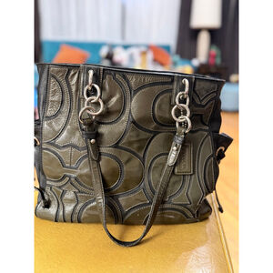 Coach Green and Black Signature Patent Leather Tote Bag